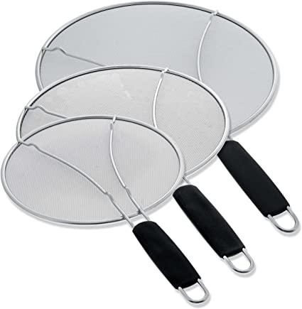 U.S. Kitchen Supply Set of 13", 11.5", 9.5" Stainless Steel Fine Mesh Splatter Screens with Resting Feet, Black Comfort Grip Handles, Use on Boiling Pots Frying Pans, Grease Oil Guard Safe Cooking Lid
