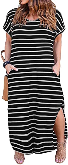 Nemidor Women's Casual Loose Pocket Long Dress Short Sleeve Plus Size Slit Maxi Dress