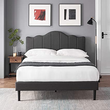 VECELO Upholstered Platform Bed/Mattress Foundation with Headboard, Metal Frame/Strong Slat Support & Quick Assembly, Full, Dark Grey