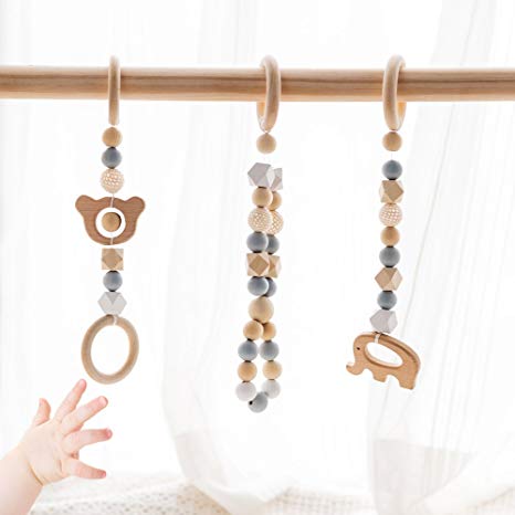 funny supply 4pcs Baby Gym Toys Wood Baby Teether Pendant Rattles Baby Activity Gym Hanging Toy Grey Elephet 2