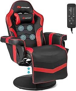 Goplus Gaming Chair, Height Adjustable Massage Video Game Chair with Retractable Footrest, Cup Holder, Headrest, Swivel Office Chair, Racing Style Swivel Gamer Chair (Red)