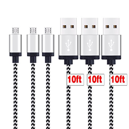 Micro USB Cable [10ft*3Pack]by Ailun,High Speed 2.0 A Male to Micro USB Nylon Braided Cable,with 56k Ohm Pull-up Resistor,for Smartphone&Tablets with Micro USB Port [Silver]