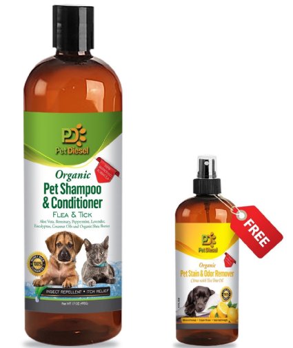 Pet Diesel 17 oz Organic Pet Shampoo & Conditioner: BONUS FREE Pet Stain & Odor Remover: Citrus Pleasant Smell, Moisturizing - For Shiny & Healthy Hair/Coat