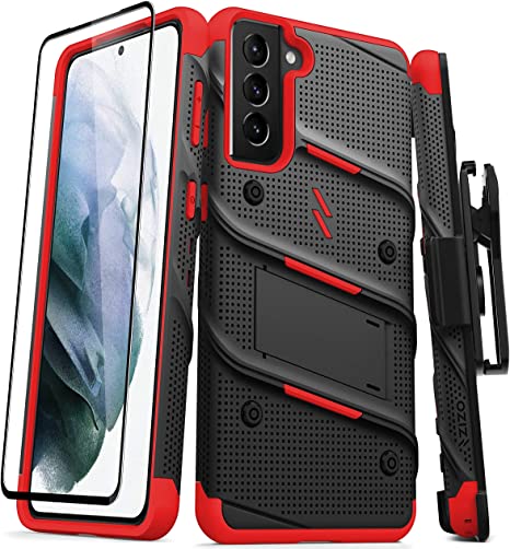 ZIZO Bolt Series for Galaxy S21 Plus Case with Screen Protector Kickstand Holster Lanyard - Black & Red