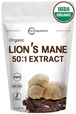 Organic Lion's Mane Mushroom 50:1 Extract Powder, 8 Ounce, Strongly Supports Mental Clarity, Focus, Memory, Nervous System & Antioxidant, Non-GMO and Vegan Friendly