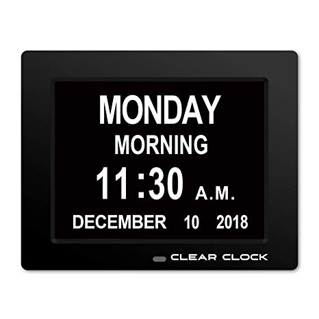 Clear Clock [Newest Version] Extra Large Digital Memory Loss Calendar Day Clock With Optional Day Cycle   Alarm Perfect For Elderly   Impaired Vision Dementia Clock Black