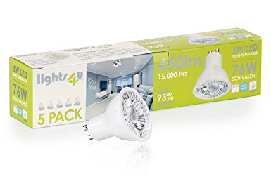 Lights4u 5W GU10 LED Light Bulbs Cool White 4000K 50W Equivalent - 5 Pack