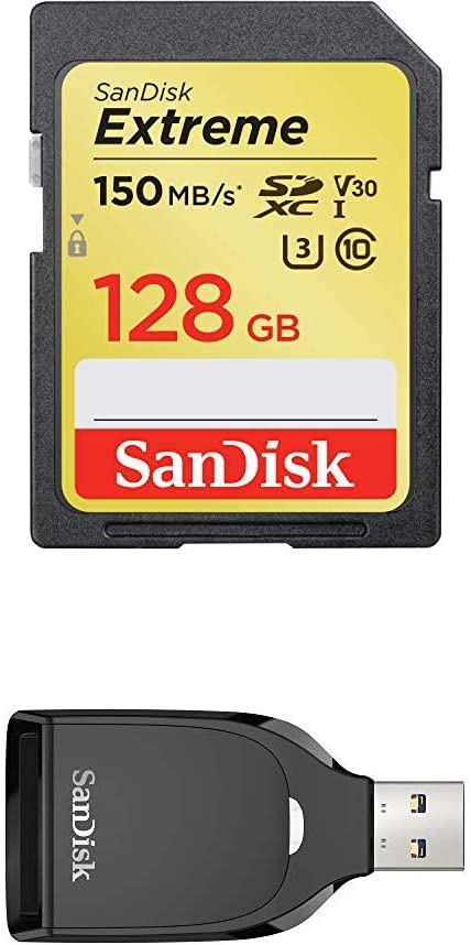 SanDisk Extreme 128GB SDXC Memory Card up to 150MB/s, Class 10, U3, V30 with SanDisk SD UHS-I Card Reader