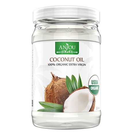 Anjou Coconut Oil, 32 oz, Organic Extra Virgin, Cold Pressed Unrefined for Hair, Skin, Cooking, Health, Beauty, USDA Certified