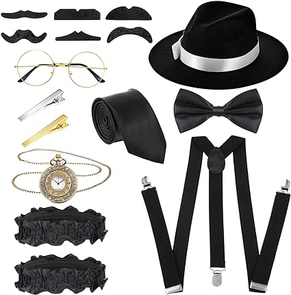 SATINIOR 1920s Roaring Retro Men Costume Accessories Set Gangster Hat Bow Tie Pocket Watch Suspender Glass Beard Tie Clip