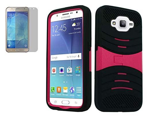 Tempered Glass 2Layer Rugged Hybrid U-Case Cover w/Side Stand for Samsung Galaxy J7 2015 Phone (Black on Pink)