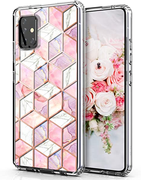 Hasaky Samsung Galaxy A51 Case [Not Fit A51 5G Version],Clear Rose Gold Marble Design Soft TPU Hard Back Heavy Duty Anti-Scratch Shockproof Protective Phone Case for Galaxy A51(2020)-Pink/Rose Gold.