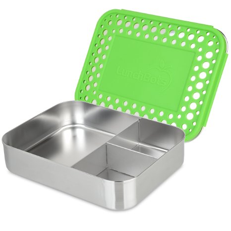 LunchBots Bento Trio LARGE All Stainless 3 Section Food Container, Green Dots Cover