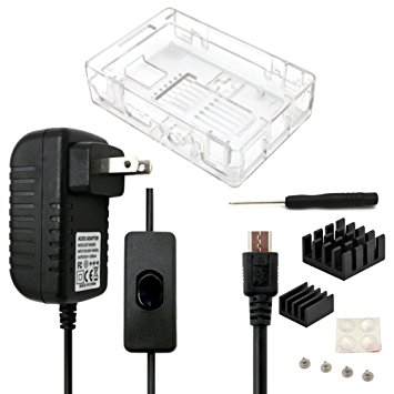 Raspberry Pi Starter Kit for Raspberry Pi 3,2 Includes Raspberry Pi Clear Case, 5V/2.5A Power Supply, 5 Feet cord length Micro Cable with ON / OFF switch, 2 pcs heatsinks, 1pcs Screwdriver