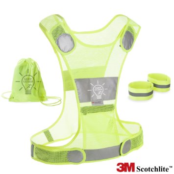 Best Reflective Running Vest W/ Zipper Pocket, Armbands & Pouch. 3M Florescent High Visibility For Jogging, Cycling, Walking, Motorcycle, Safety Gear. Fully Adjustable For Men & Women. 100% Guarantee