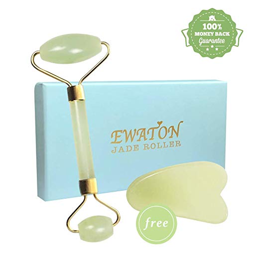 Jade Roller Anti-Aging Massage for Eye and Neck Jade Face Roller with Gua SHA Scraping Massage Tool Set Natural Jade Roller for Face Double Chin Exerciser