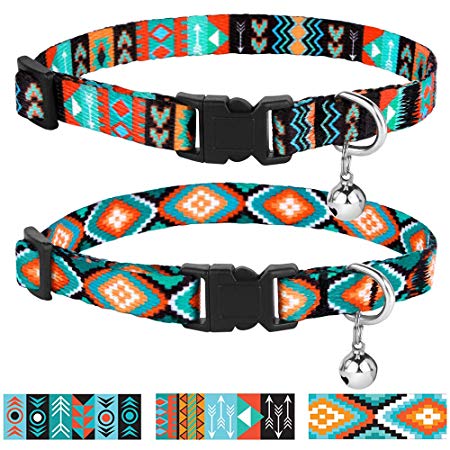 CollarDirect Cat Collar Breakaway Set of 2 PCS Tribal Pattern Aztec Pet Safety Adjustable Kitten Collar with Bell