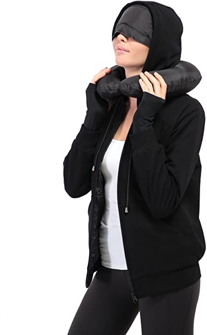XY37 Women Travel Jacket Hoodie 10 Pockets Travel Pillow Eye Mask Face Mask Gloves