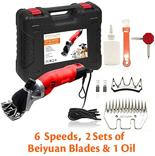 Pet & Livestock HQ | 500W Professional Heavy Duty Electric Sheep Shears Clippers with 6 Speed for Shearing Goats, Alpacas, Llamas, Other Farm Livestock with 2 Blades, Oil, Grooming Carrying Case CE