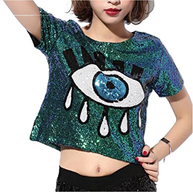 Womens Fashion Sequins Evil Eye Sparkle Glitter Hip Hop Shirt Tank Top Clubwear