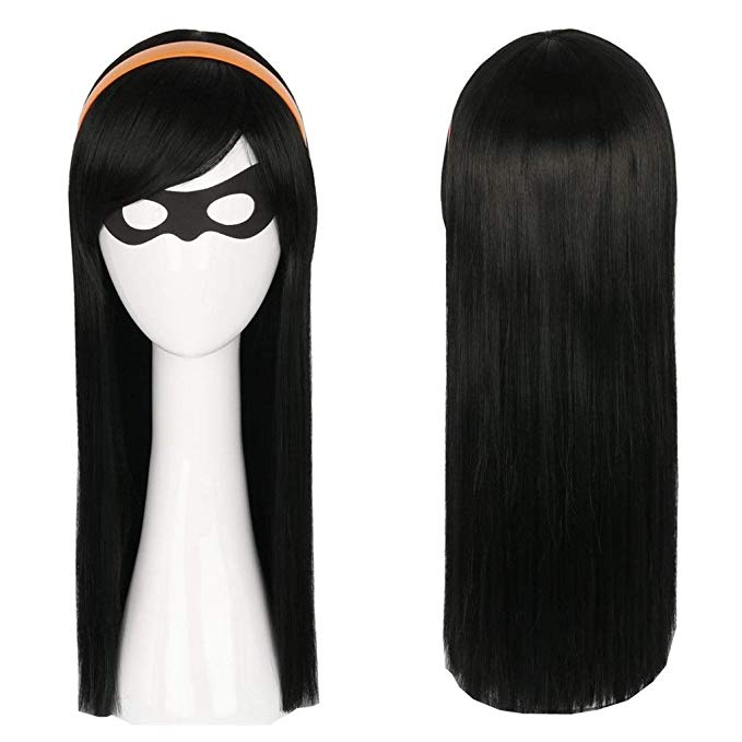 Topcosplay Kids Child Wigs Black Long Straight Cosplay Halloween Costumes Wigs with Mask Headband