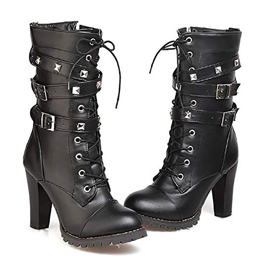 Ifantasy Fashion Women's Lace up Ankle Booties Punk Rock Rivet Chunky Heel Leather Military Combat Boots