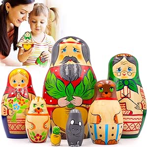 Russian Nesting Dolls Set of 7 pcs - Matryoshka Dolls with Characters from Russian Folk Tale Enormous Turnip - Matryoshka Nesting Dolls - Giant Turnip