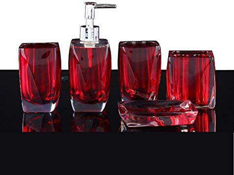 LUANT Bathroom Accessory Set Resin Soap Dish, Soap Dispenser, Toothbrush Holder & Tumbler (No tray, Red)