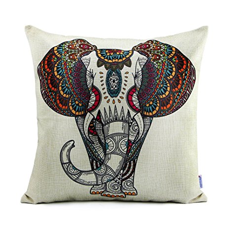 18 x 18 Cotton Linen Decorative Throw Pillow Case Cover with Flower Elephant Print Pattern
