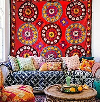 Uzbek Suzani Wall Tapestry Fabric Wallpaper Home Decor,60"x 80",Twin Size