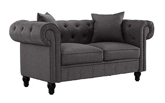 Divano Roma Furniture Classic Linen Fabric Scroll Arm Tufted Button Chesterfield Style Loveseat Couch (Light Grey)