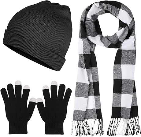 Christmas Winter Warm Knitted Beanie Hat Gloves and Plaid Scarf Set for Men Women Christmas Decoration