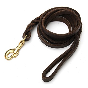 Dog Leash,Focuspet 6 ft Pet braided leather dog leash Large Medium Heavy Duty Dogs Leash Leads Rope Walking&Training 1/2 Inch Brown Large Metal Clasp snap hook