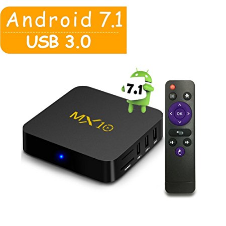 Android 7.1 TV Box, MX10 Android TV Box with RK3328 Quad-core 4GB DDR4 RAM 32GB ROM Ultra Fast Supporting 4K (60Hz) Full HD /H.265 /2.4G WiFi 4K Playing
