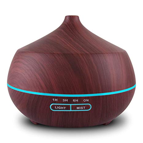 Tenswall 400ml Wood Grain Essential Oil Diffusers Ultrasonic Humidifier Portable Aromatherapy Diffuser with Cool Mist & 7 Colour Changing LED Lights, Waterless Auto off Air Purifiers (Brown)
