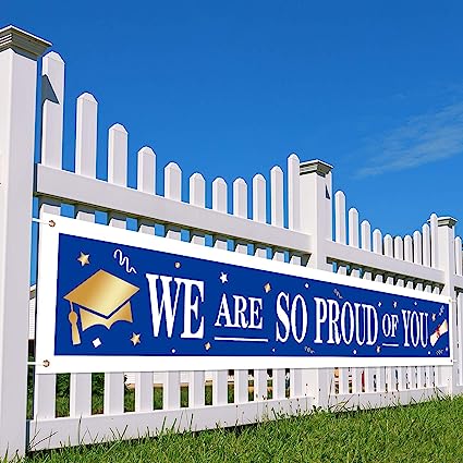 Large Huge 2023 Graduation Party Banner We are So Proud of You Congrats Grad Hanging Banner Backdrop Background Photo Prop Booth Graduation Party Decoration (Blue with White Words)