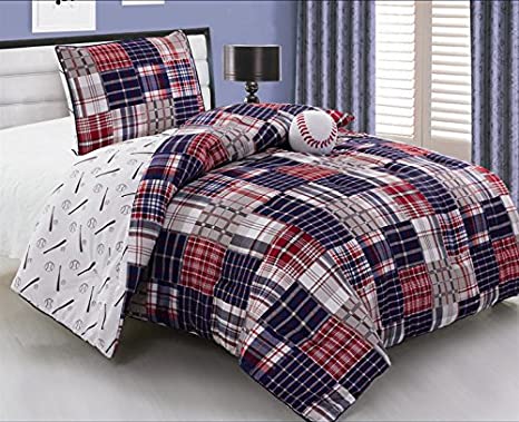 3 - Piece Kids Twin Size Baseball Sports Theme Comforter Set with Plush Ball Included-Navy Blue, Red, White and Beige Plaid. Boys, Girls, Guest Room and School Dormitory Bedding