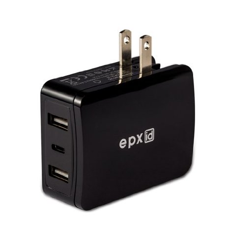epxid ChargePort 2C 5V27W 3 USB Ports Type C Wall Charger Adaptor for New Macbook 12 Inch  Google Chromebook Pixel Nokia N1 Nexus 6p Pixel C Other Devices with USB Type C Black