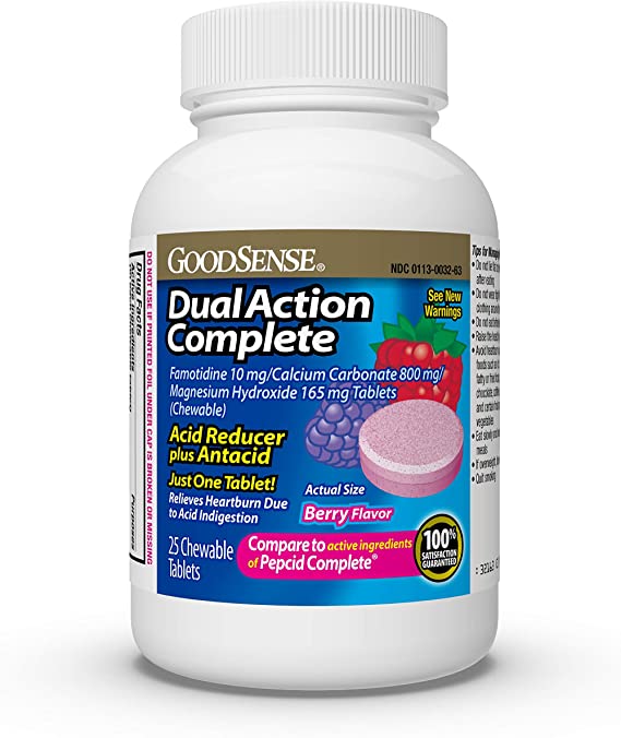 GoodSense Dual Action Complete, Chewable Acid Reducer and Antacid Tablets, Berry Flavor; Helps to Relieve Heartburn Due to Acid Indigestion, 25 Count