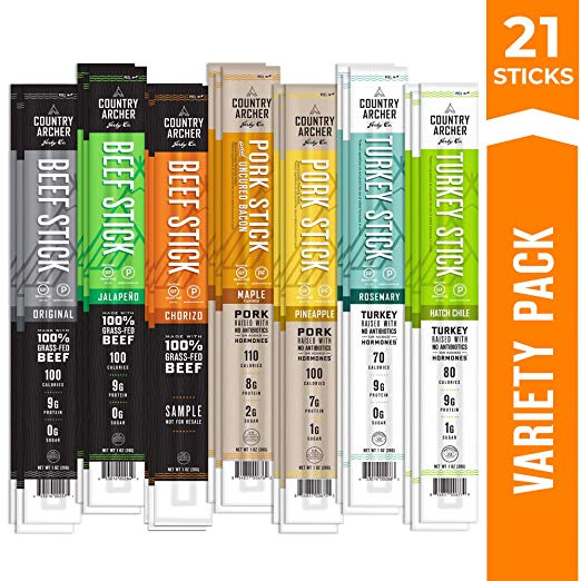 Meat Stick Variety Pack by Country Archer | Beef, Turkey, Pork | Grass-Fed | Antibiotic Free | Gluten Free | 21 Count