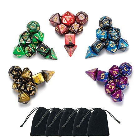 Emango 35 Polyhedral Dice, 5 x 7-Die Series Two Colors Dungeons and Dragons DND RPG MTG Table Games Dice with FREE Pouches