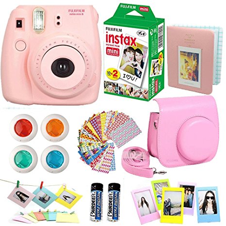 FujiFilm Instax Mini 8 Instant Film Camera Pink   Instax Mini Film Twin Pack (20 Sheets)   Pink PU leather Case   Frames   Photo Album   4 Color Filters   Selfie Mirro And More Top Accessories Bundle