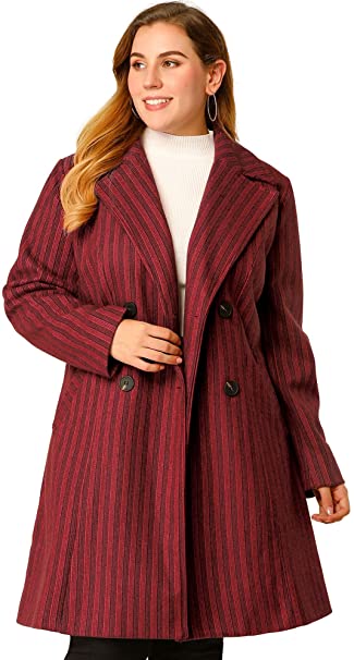 Agnes Orinda Women's Plus Size Coats Double Breasted Notched Lapel Striped Winter Long Coat Mothers Day