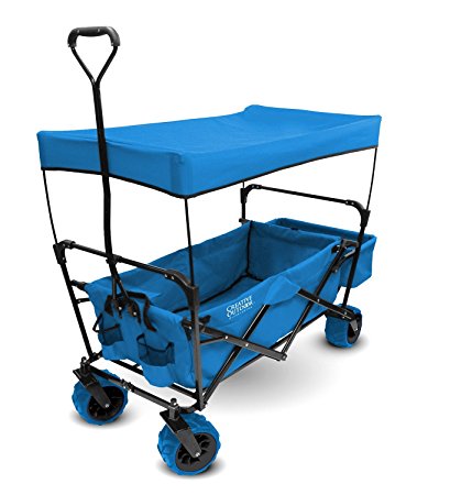 Creative Outdoor Distributor All-Terrain Collapsible Wagon with Shade Canopy (Blue/Black) - Use for Gardening, Tailgating, Beach Trips, Picnics, and More