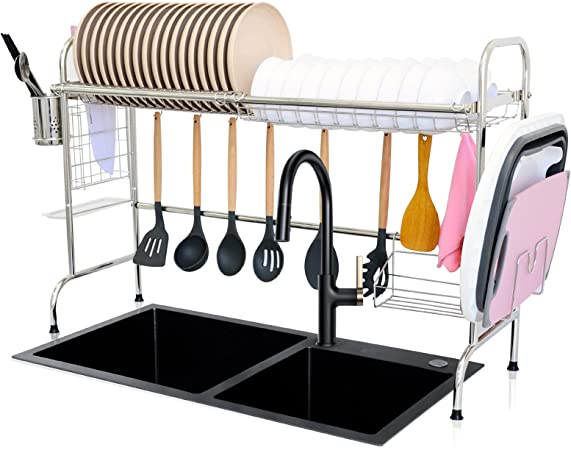AKOZLIN Over Sink Dish Rack 32 1/8 inch Stable 201 Stainless Steel Drying Organizer Drainers Shelf Holder Hooks for Kitchen Counter