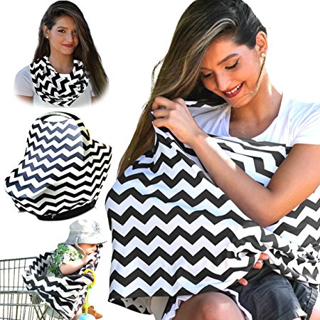Nursing Cover Breastfeeding Scarf, Baby Car Seat Canopy, Shopping Cart, Stroller, Carseat Stretchy Covers Unisex Girls and Boys | Black/White Chevron
