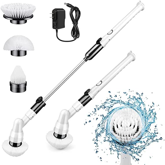 Warmhoming Spin Scrubber, 360-degree Cordless Electric Rotary Scrubber, Surface Cleaner with 3 Replaceable Brush Heads 1 Extension Arm and 1 Adapter for Tubs/Kitchens/Bathrooms/Tiles/Swimming Pool