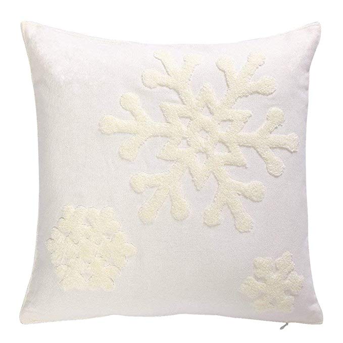 LEHOUR Soft Square Snowflake Theme Home Decorative Canvas Cotton Embroidery Throw Pillow Covers 18x18 Case Cushion Cover Decorative Decor for Couch Bed Chair(1Pcs, White)