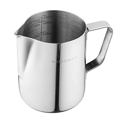 Stainless Steel Milk Frothing Pitcher, by Bellemain— Ideal for Espresso Machines and Latte Art, 12 oz./350 mL perfect size for making 1 cappuccino or 2 lattes, Larger pitchers force you to waste milk.