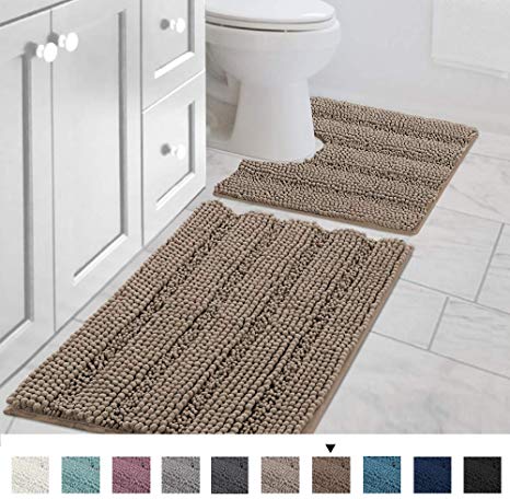 Original Striped Luxury Chenille Bathroom Rug Mat (32" x 20"/20" x 20"), Extra Soft & Absorbent Shaggy Rugs, Machine Wash/Dry, Perfect Plush Carpet Mats for Tub (Curved Set, Taupe Brown)